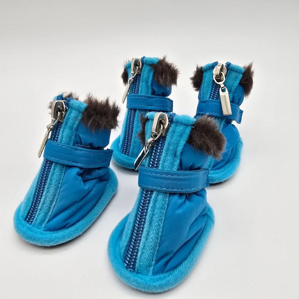 Blue Dog Winter Boots Set of 4 Faux Fur Trim Non-Slip Shoes XS Small Pet Paws